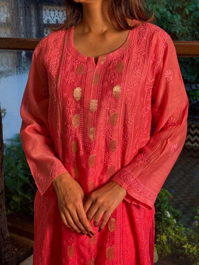 Pink Zari Chanderi Chikankari A Line Kurta with Slip