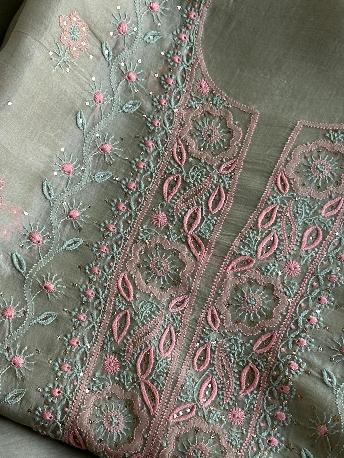 Olive Green Noor Organza Silk Chikankari With Kamdani Fabric