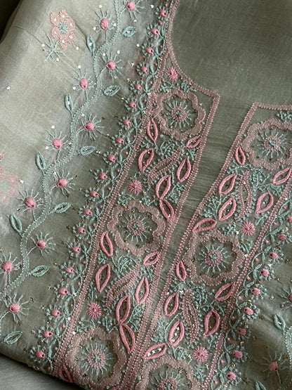 Olive Green Noor Organza Silk Chikankari With Kamdani Fabric