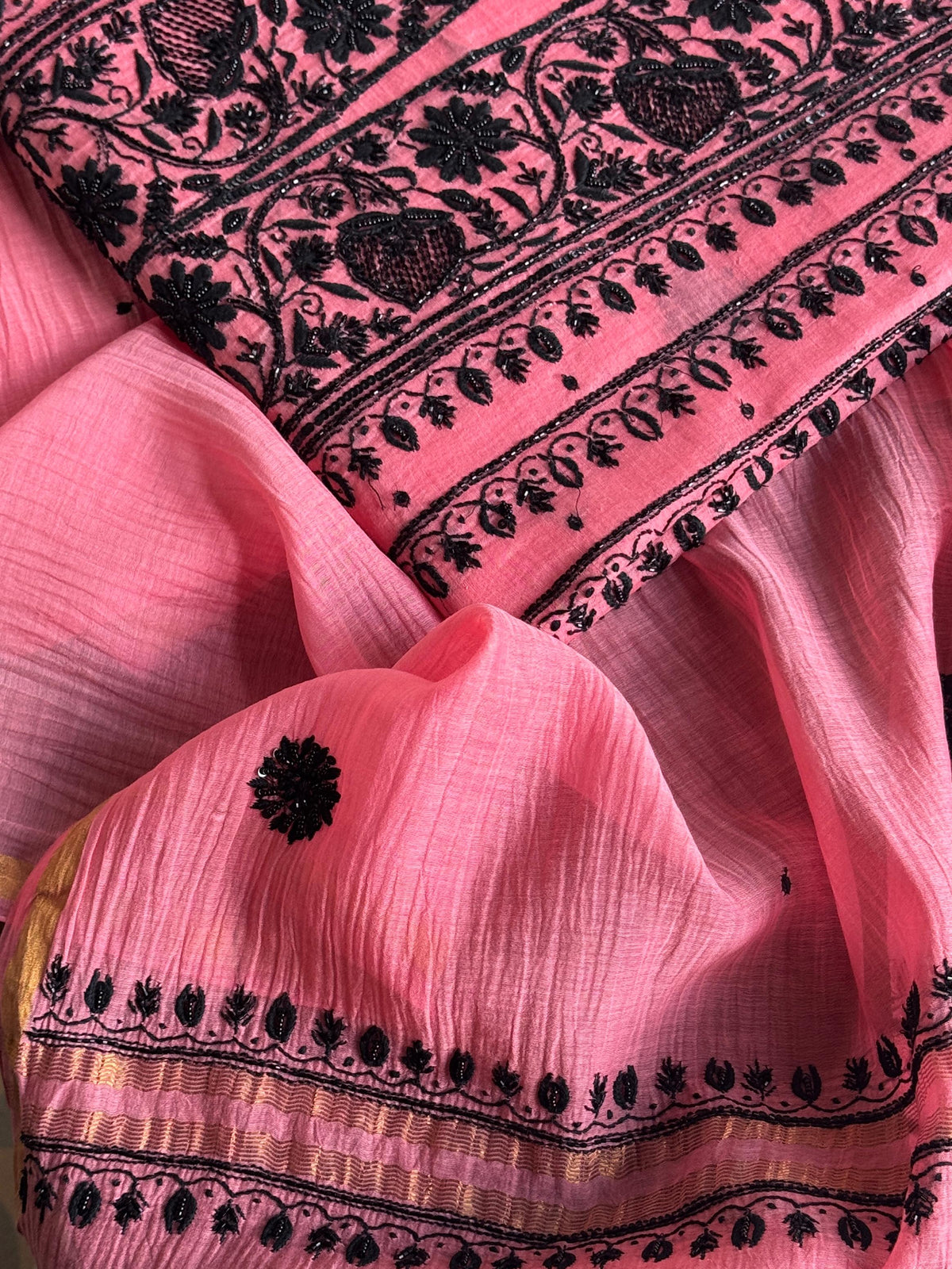 Candy Pink & Black Mal Chanderi Silk Chikankari A Line Unstitched Fabric