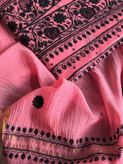 Candy Pink & Black Mal Chanderi Silk Chikankari A Line Unstitched Fabric