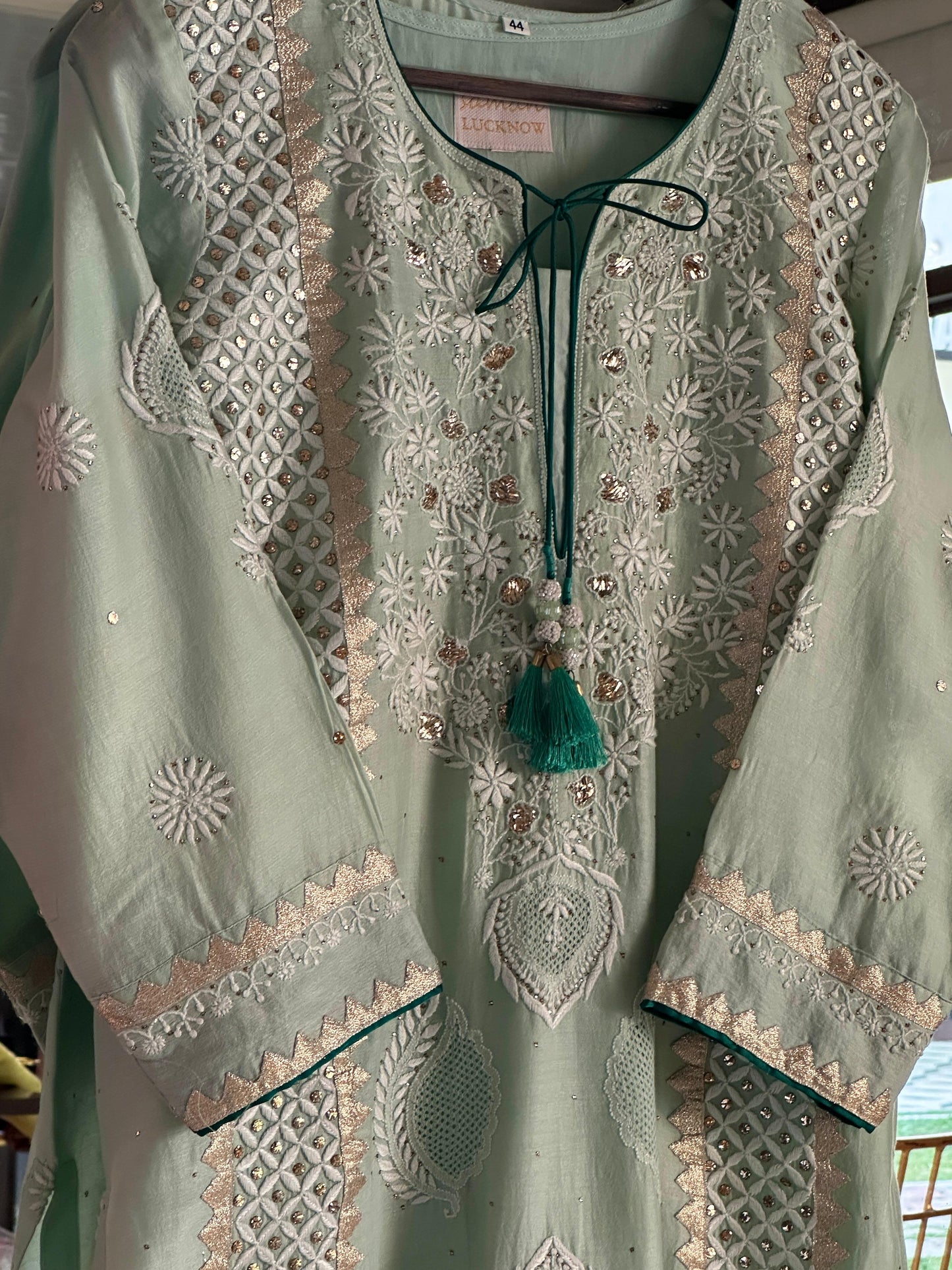 Sea Green & Teal Shade Chanderi Daraz Applique Chikankari Mukaish Kurta Dupatta Set