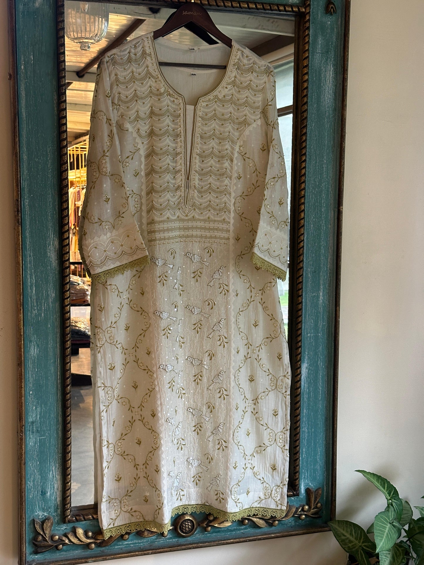 Ivory & Green Mul Chanderi Pearl Work Chikankari Kurta Set