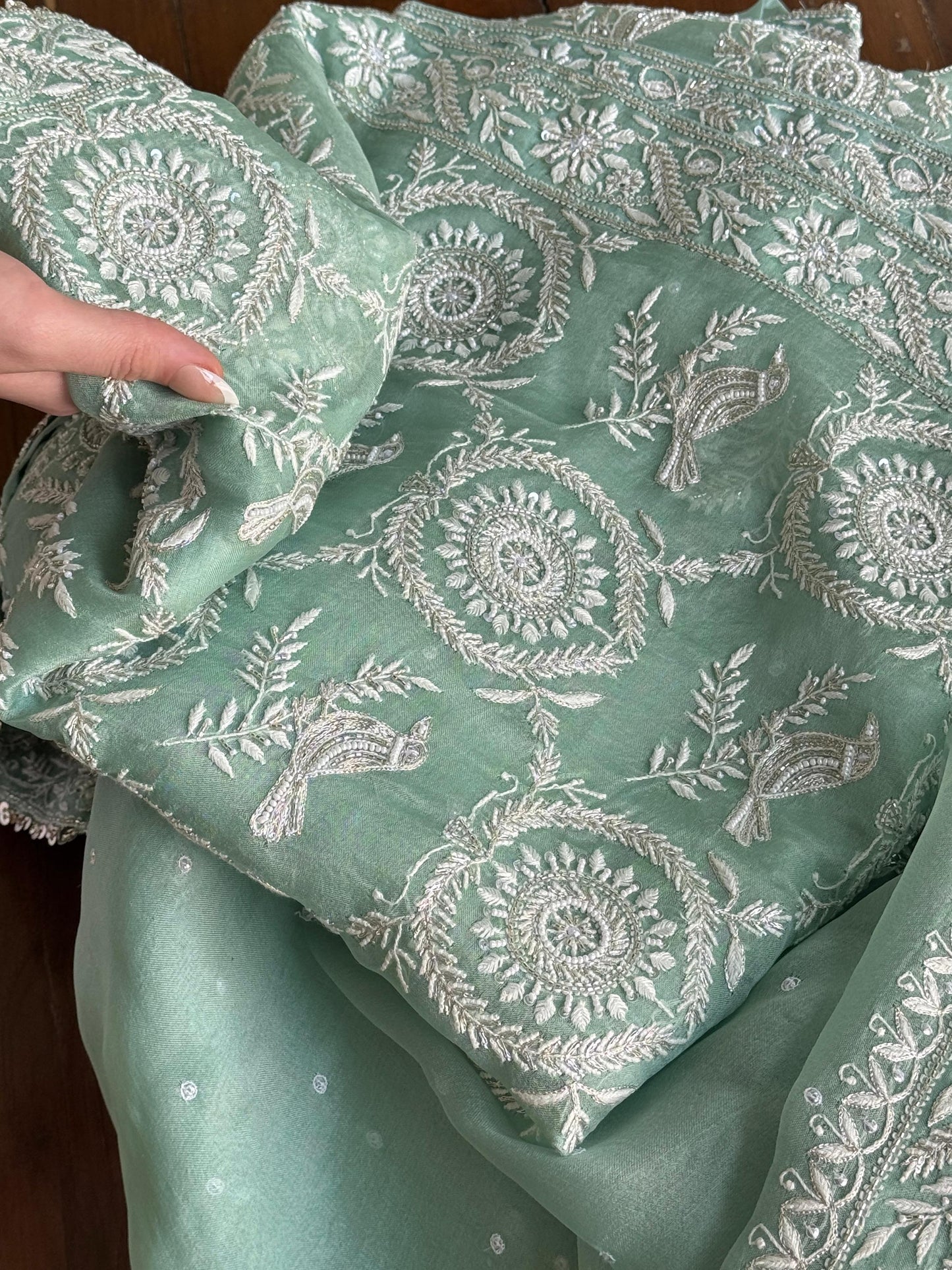 Mint Green Sparrow Motif Noor Organza Chikankari Saree With Blouse
