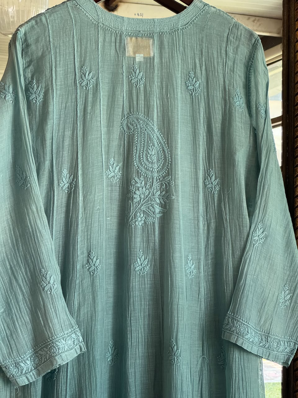 Sea Green Zari Chanderi Chikankari A Line Kurta with Slip