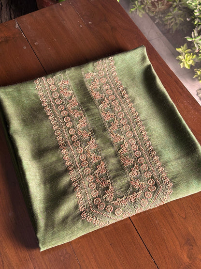 Olive Green Moonga Silk Chikankari Men’s Kurta Fabric