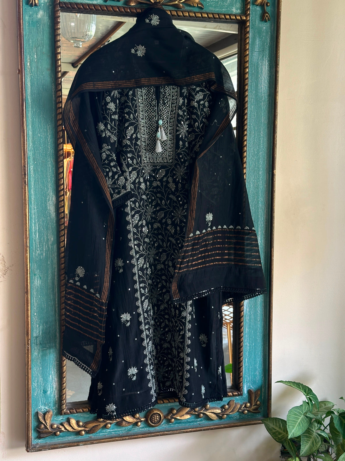 Black Mul Chanderi Chikankari Kurta Set with Pearl & Sequin Work