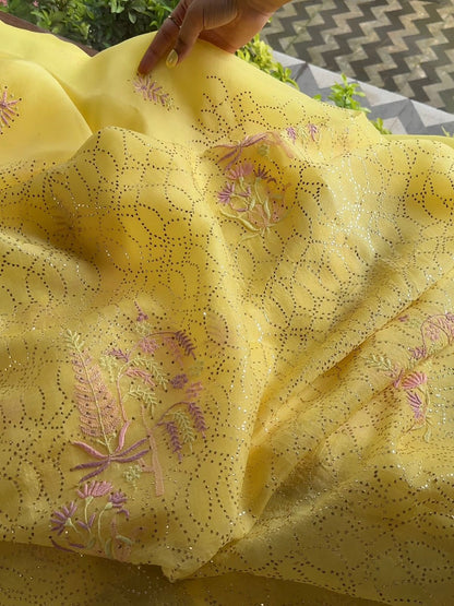 Pineapple Yellow | Noor Organza Silk Chikankari With Kamdani Fabric