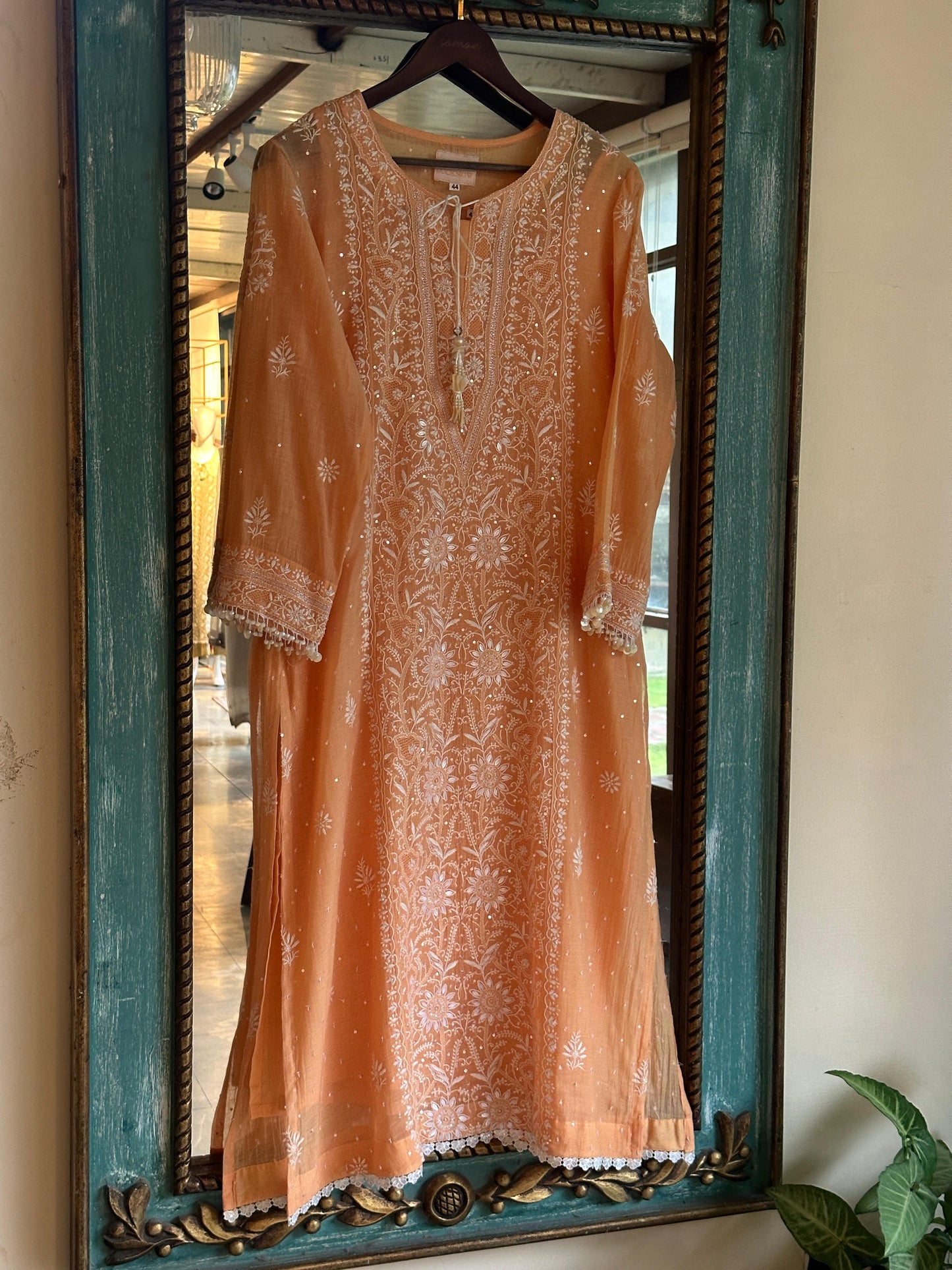 Coral Peach Shade Malmal Pearl White Chikankari Ready to Wear Kurta Set