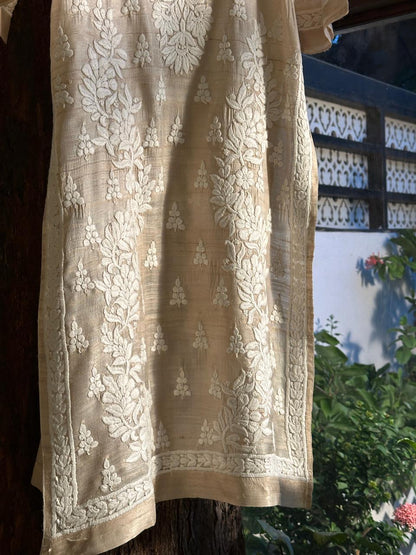 Natural Tussar Silk Chikankari Ready to Wear Straight Kurta