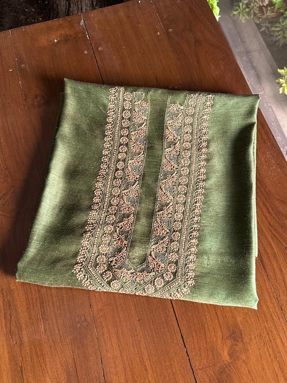 Olive Green Moonga Silk Chikankari Men’s Kurta Fabric