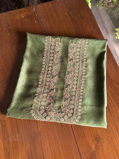 Olive Green Moonga Silk Chikankari Men’s Kurta Fabric
