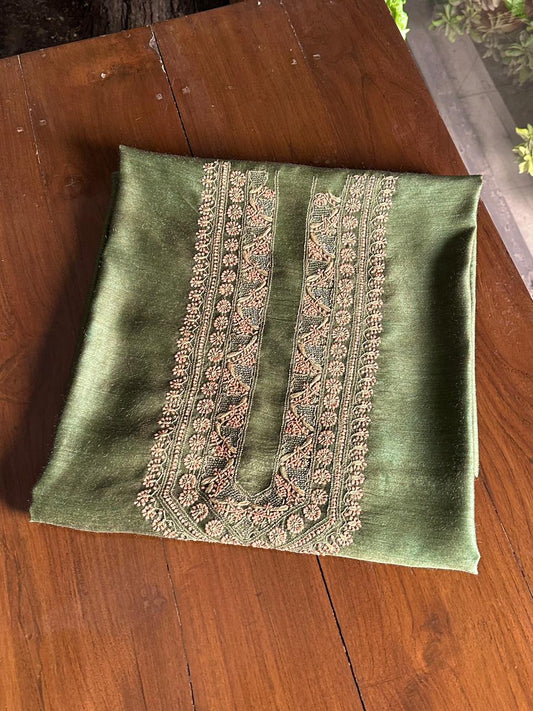 Olive Green Moonga Silk Chikankari Men’s Kurta Fabric