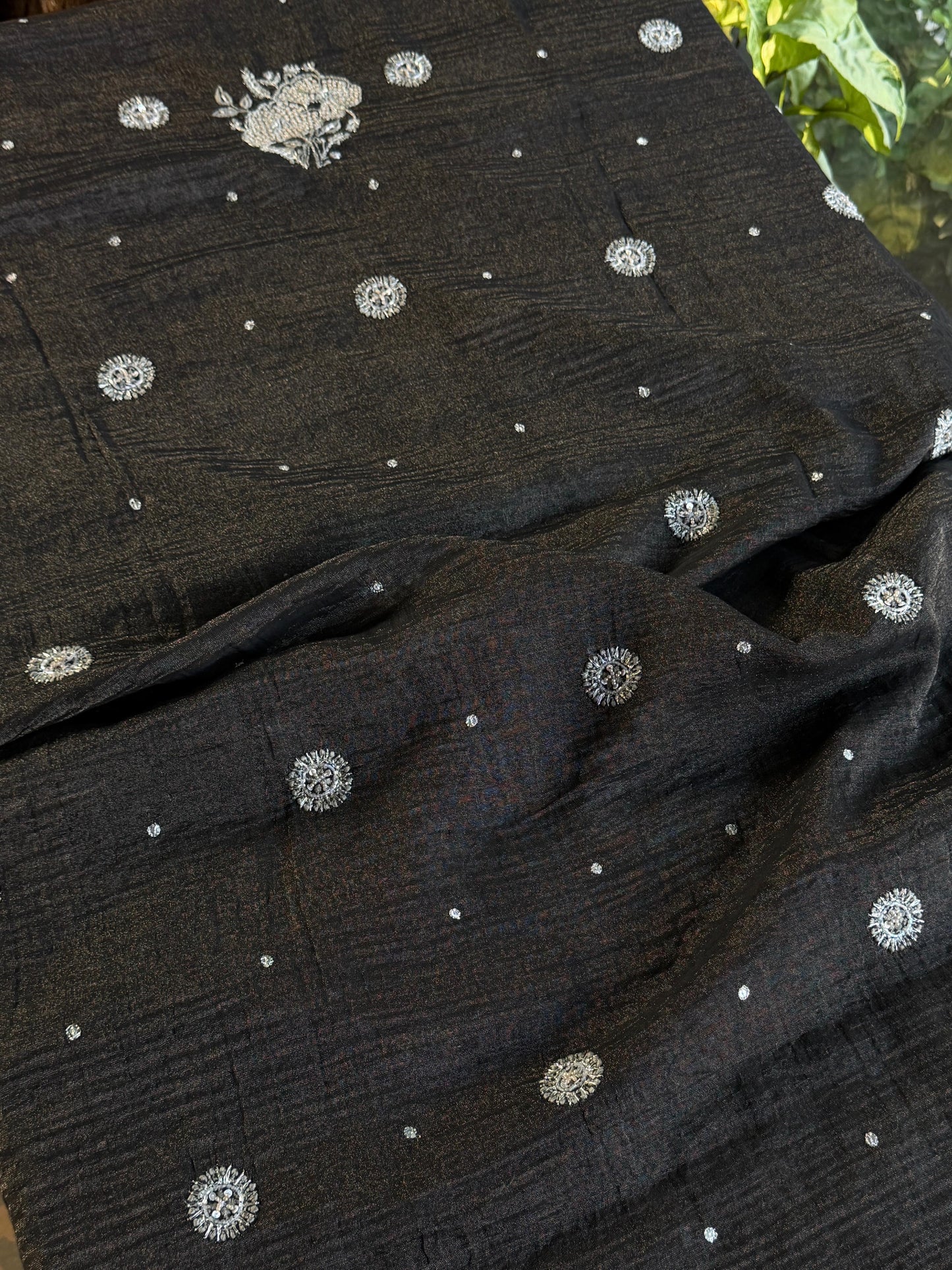MYSTIC BLACK AND ASH SILVER | TISSUE SILK CHIKANKARI