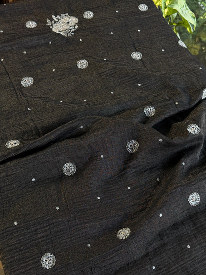 MYSTIC BLACK AND ASH SILVER | TISSUE SILK CHIKANKARI