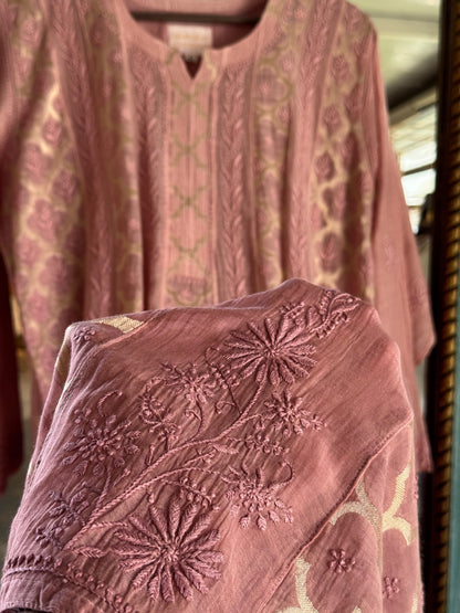Onion Pink Zari Chanderi Chikankari A Line Kurta with Slip