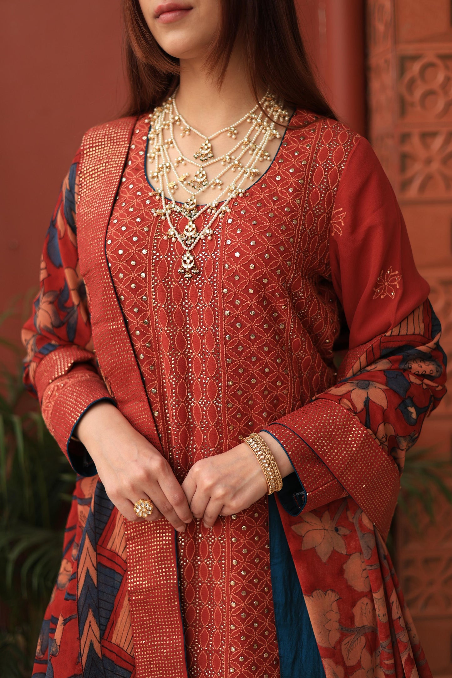 Madder Rust Red Chikankari Pure Georgette Kurta Gharara Set with Kalamkari Dupatta