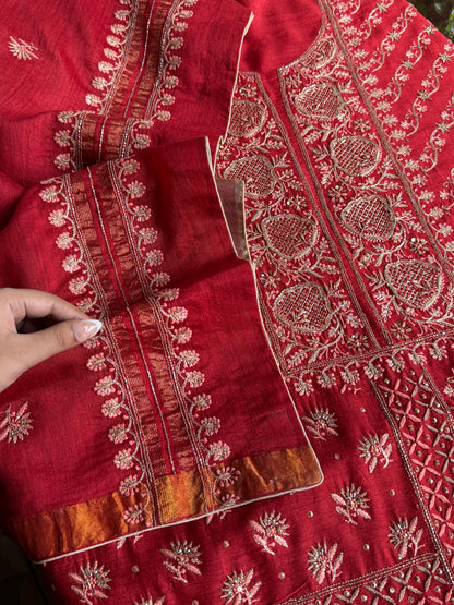 Deep Red Shade Moonga Silk Chikankari Unstitched Fabric