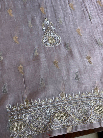 Lavender Shade Banarasi Zari Chanderi Unstitched Chikankari Fabric
