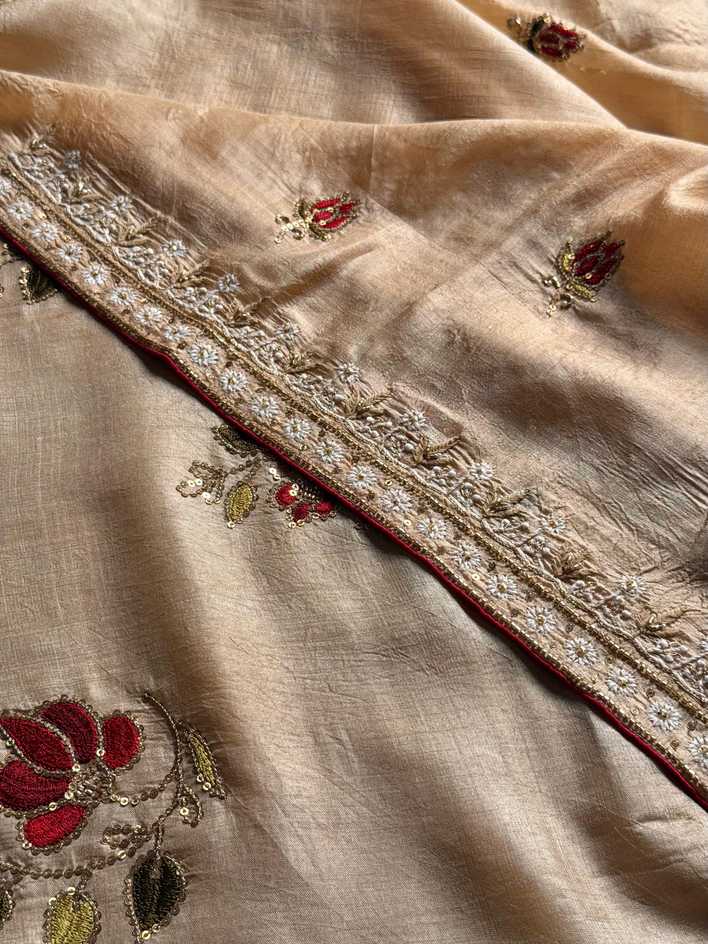 Natural Paper Tussar Resham Chikankari Unstitched Fabric Kurta Dupatta Set