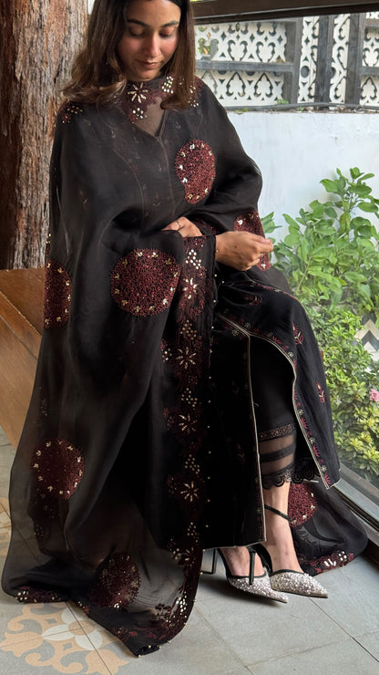 Black & Rust Red Shade Coral Motif Fine Chikankari Organza Mukaish Dupatta