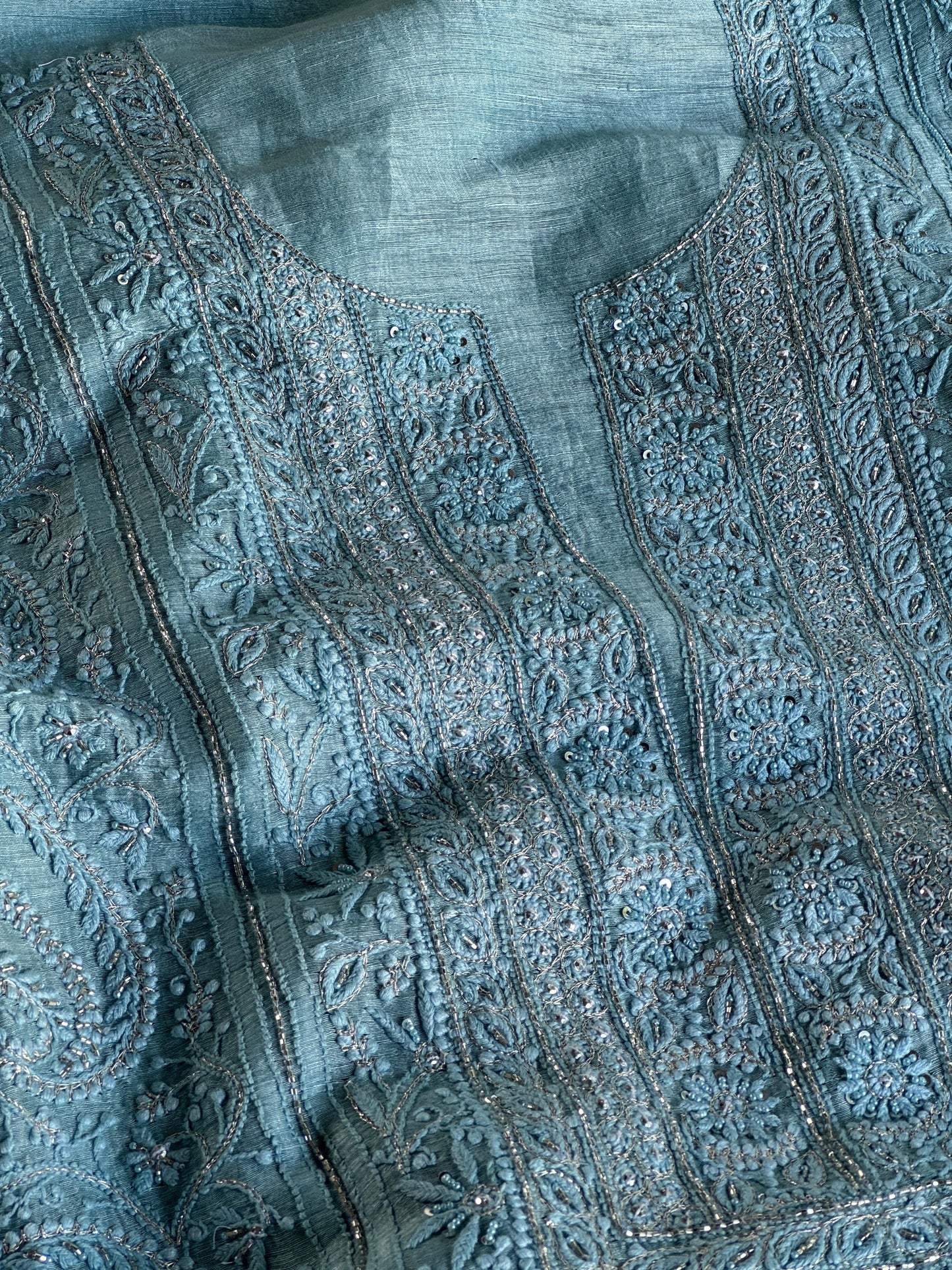 Sky Blue Shade Linen Silk Chikankari With Ari Work Unstitched Kurta Dupatta Set
