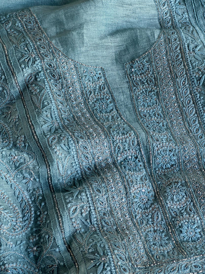 Sky Blue Shade Linen Silk Chikankari With Ari Work Unstitched Kurta Dupatta Set