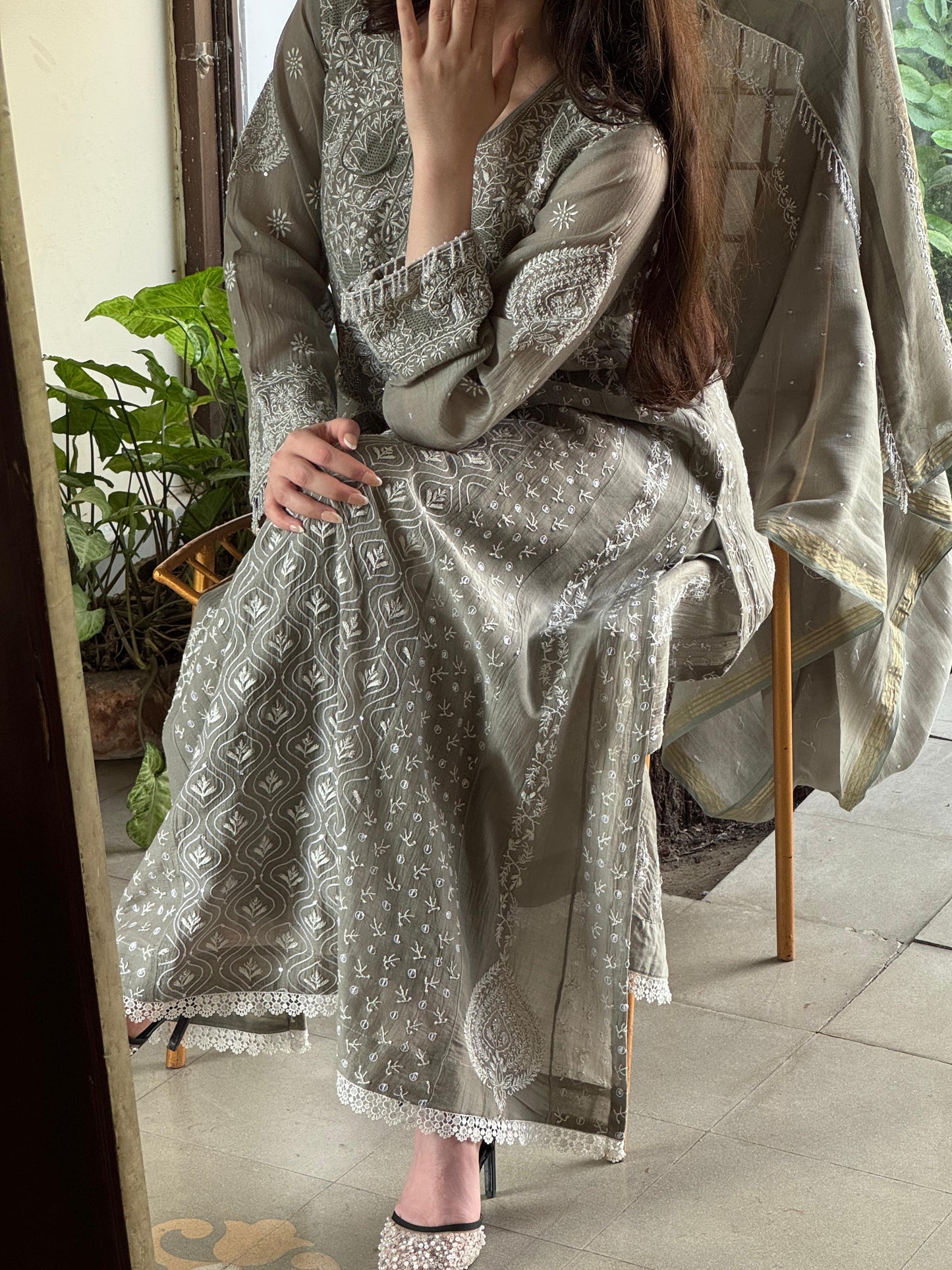 Slate Grey Shade Malmal Pearl Work Chikankari Anarkali