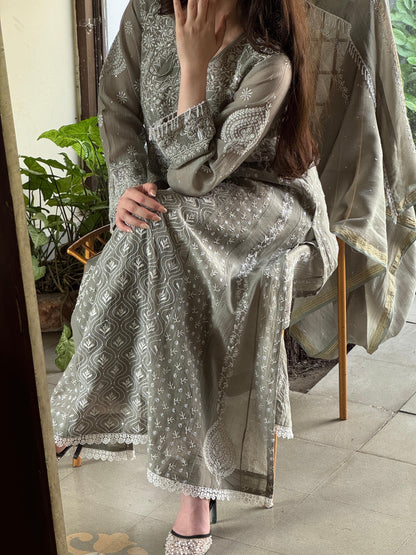 Slate Grey Shade Malmal Pearl Work Chikankari Anarkali
