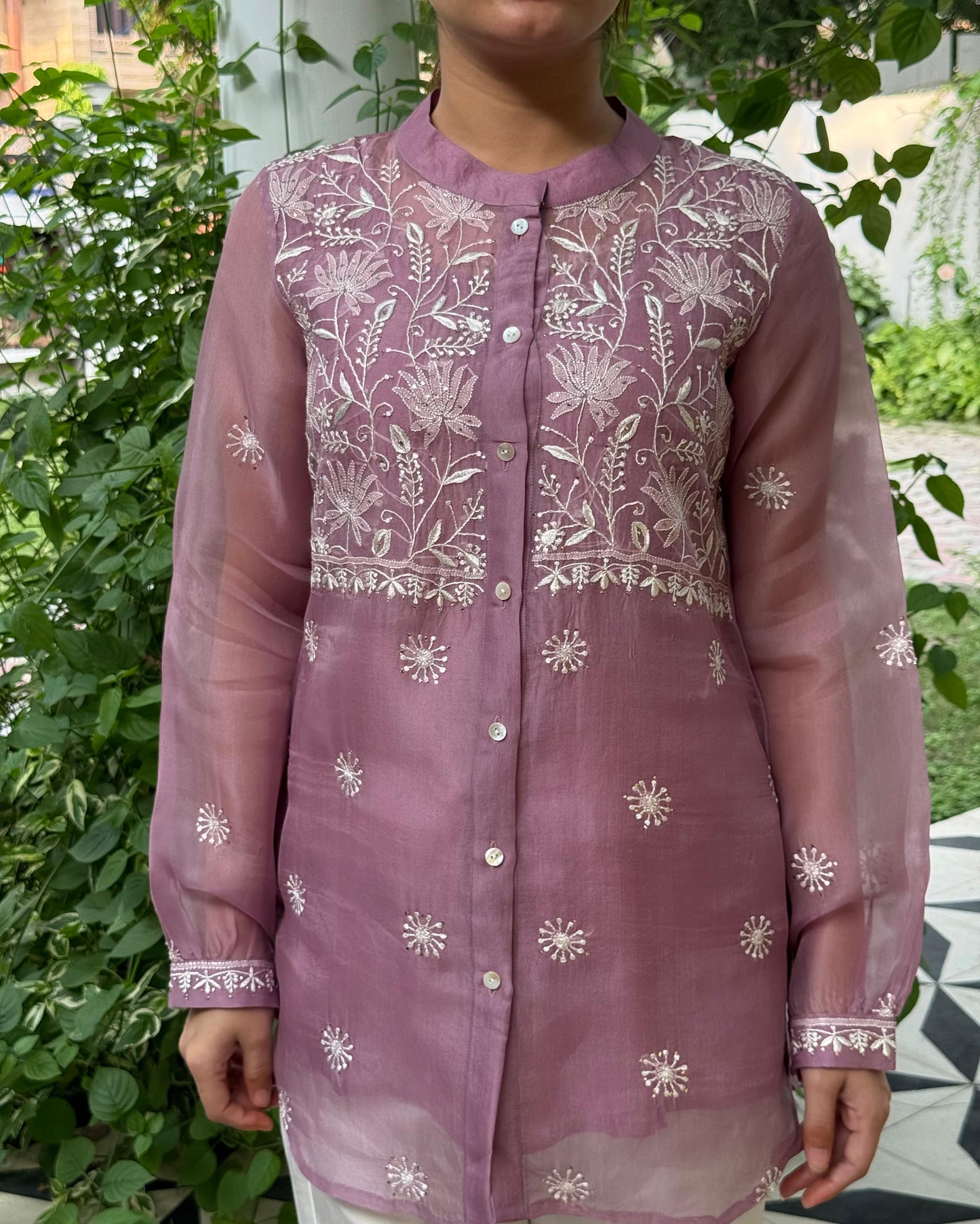 Dull Purple Noor Organza Resham Chikankari Front Open Short Top