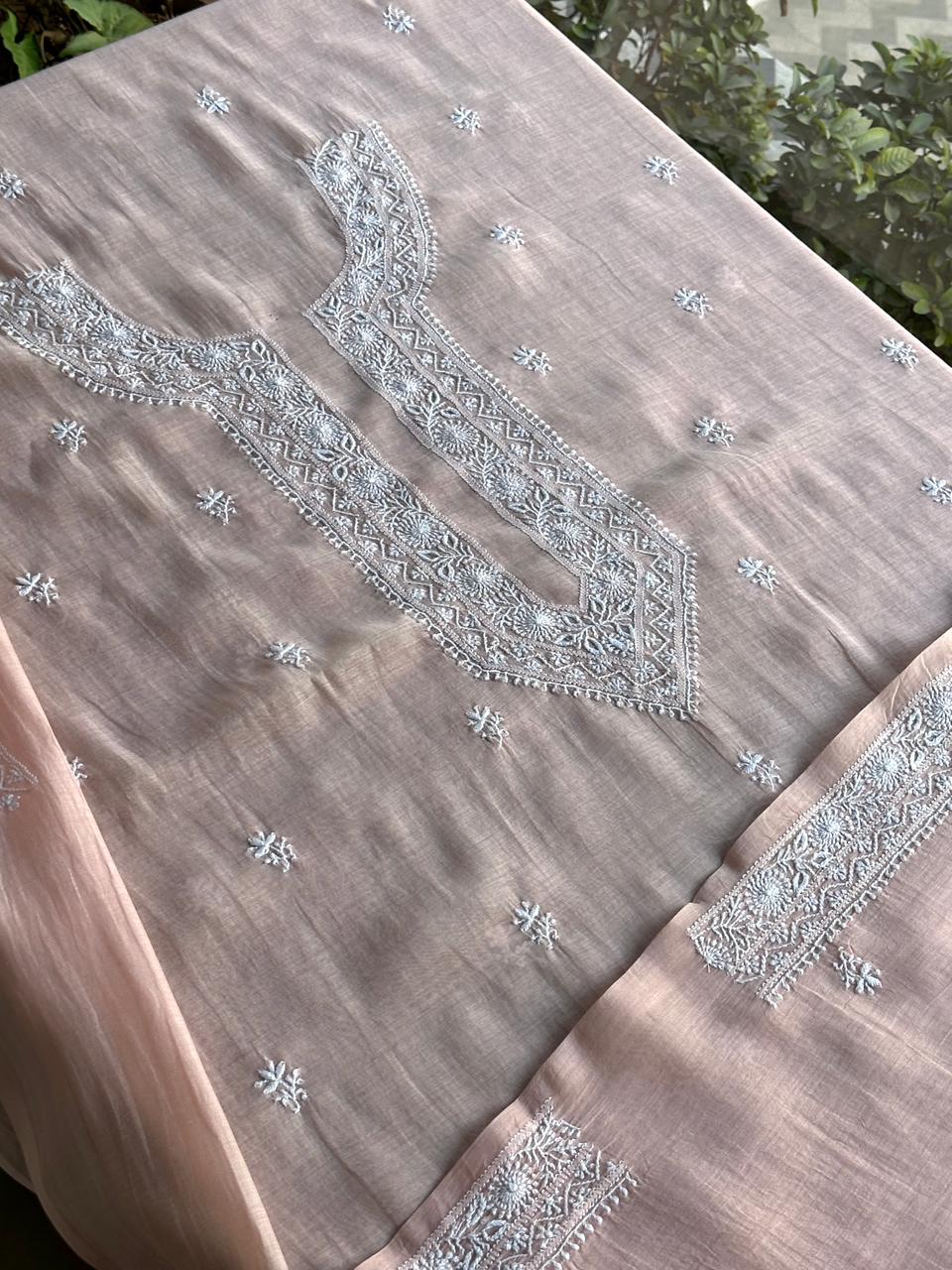 Pastel Peach Mulmul Chikankari Unstitched Men's Kurtas Fabric