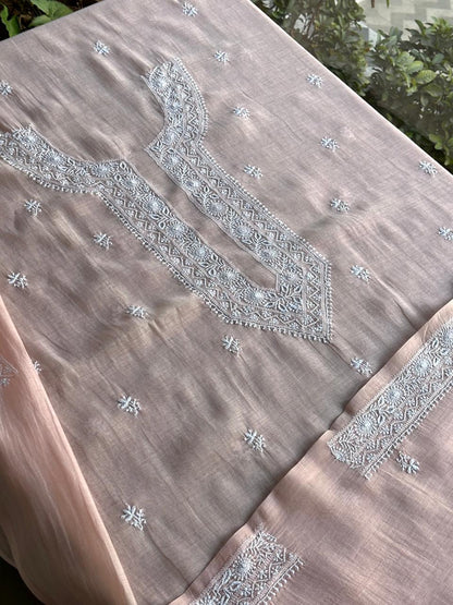 Pastel Peach Mulmul Chikankari Unstitched Men's Kurtas Fabric