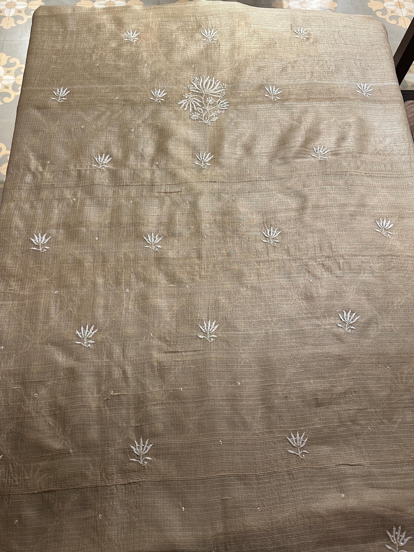 Beige Rasm Tussar Kota Chikankari Unstitched Chikankari Fabrics