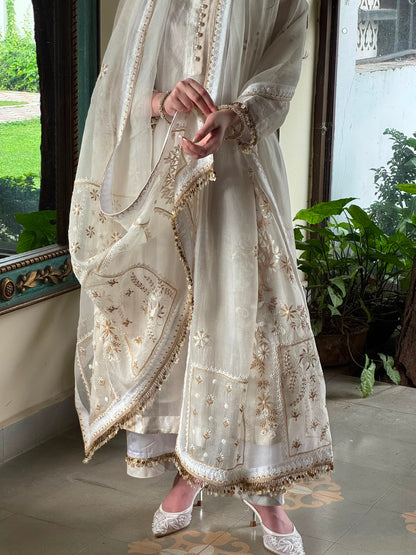 Ivory Kota Pattu Chikankari Suit Set with Organza Dupatta & Pearl Loop Buttons