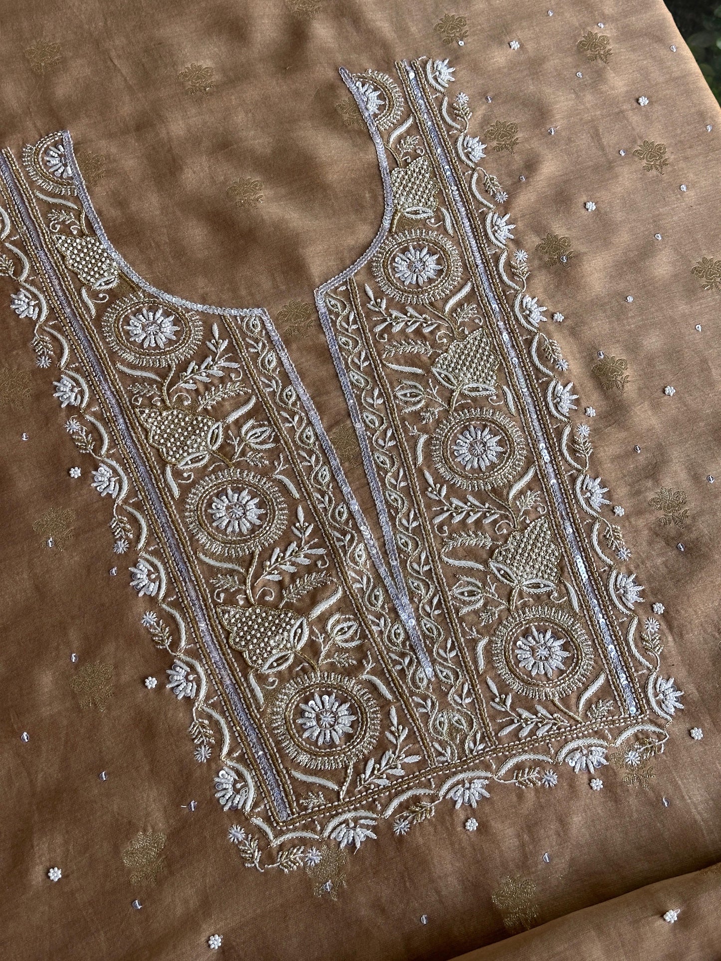 Tobacco Brown Shade Banarasi Zari Chanderi Unstitched Chikankari Fabric