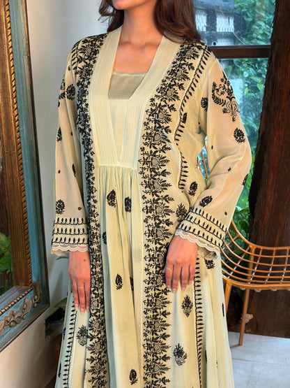 Pastel Green Chiffon Chikankari Kurta with Lace Detailing