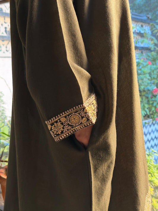 Moss Green Shade Pashmina Kashmiri Phiran – Ari & Chikankari Detailing