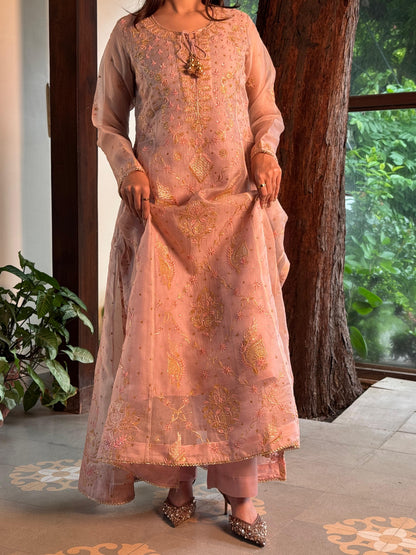 Dusty Peach Shade Noor Organza Chikankari Anarkali