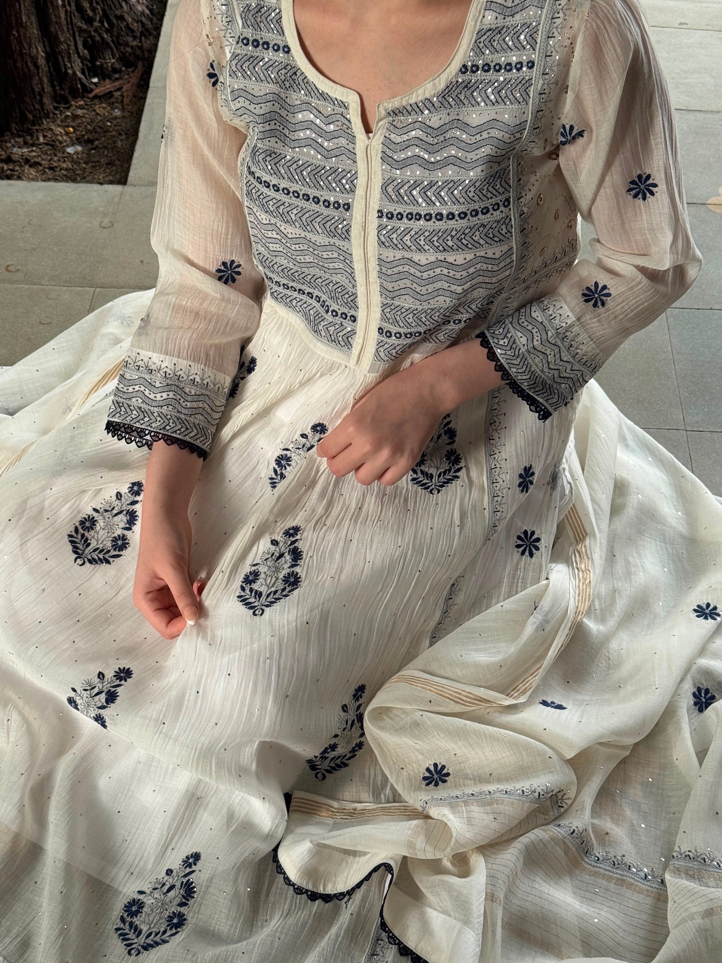 White Melon | Malmal Mukaish Kamdani Chikankari Stitched Kurta Dupatta Set
