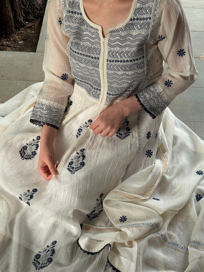 White Melon | Malmal Mukaish Kamdani Chikankari Stitched Kurta Dupatta Set