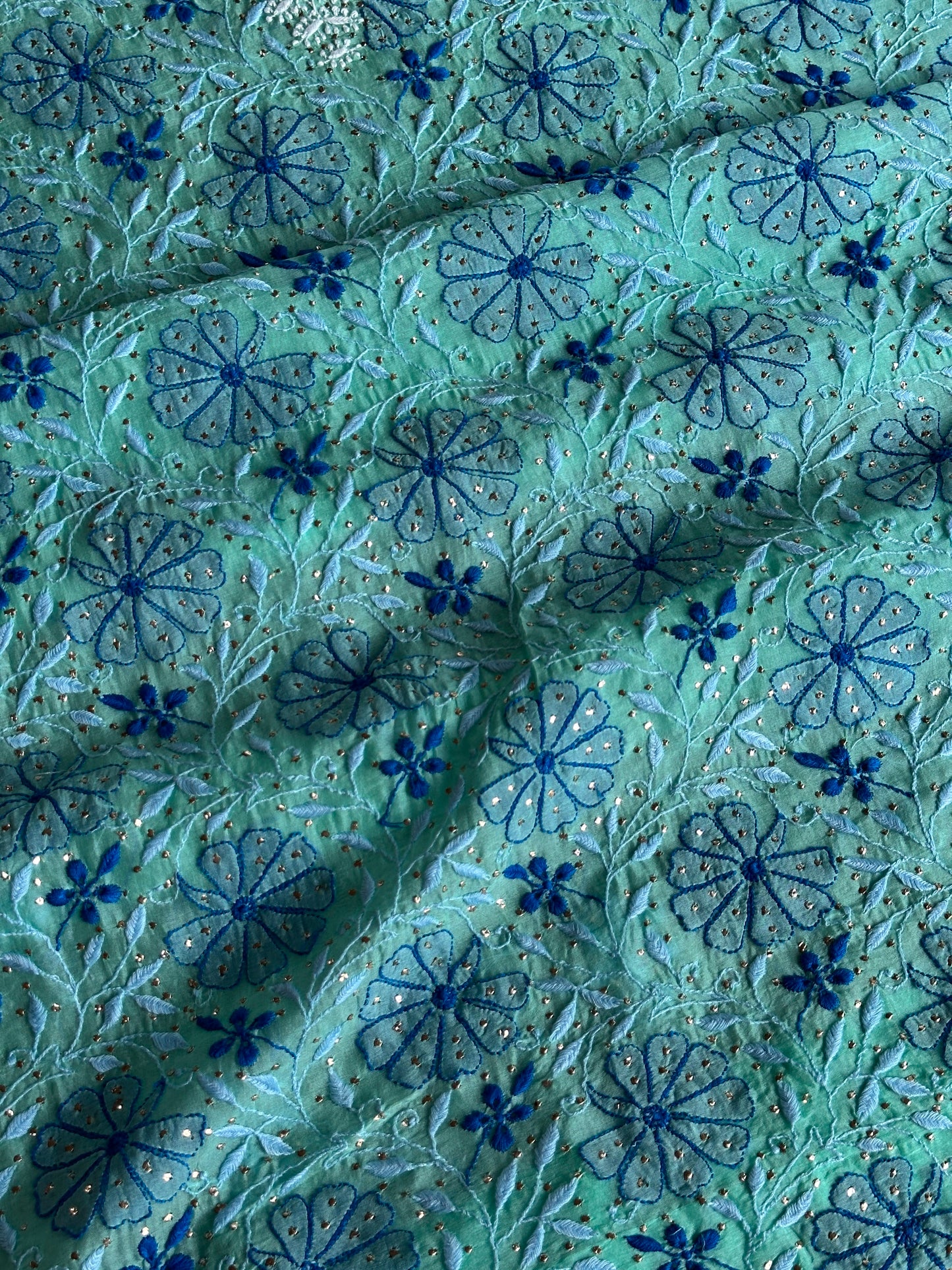 Blue Noor Organza Silk Chikankari With Kamdani Fabric