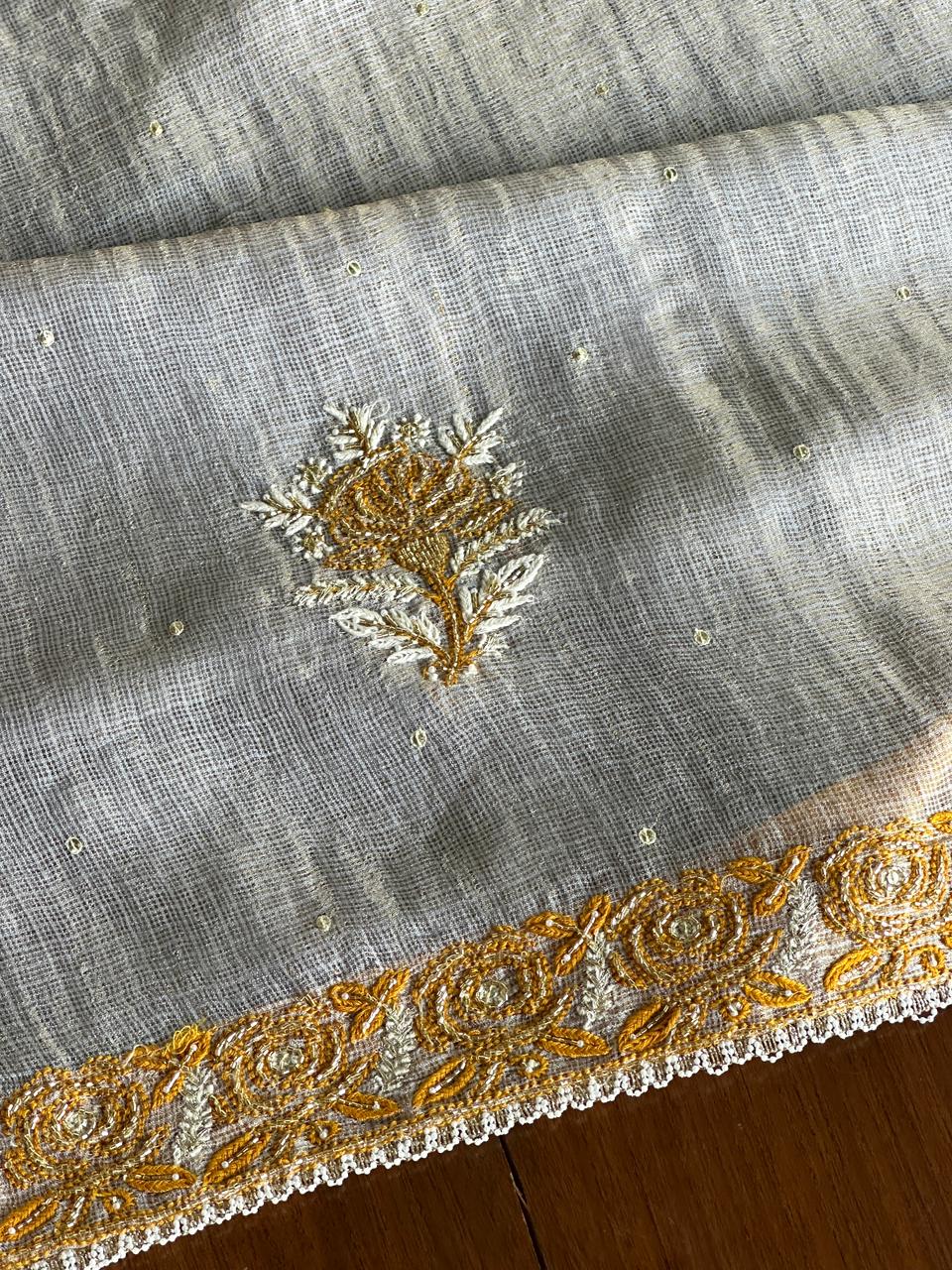 Grey & Mustard Shade Tissue Kota Chikankari Unstitched Fabric
