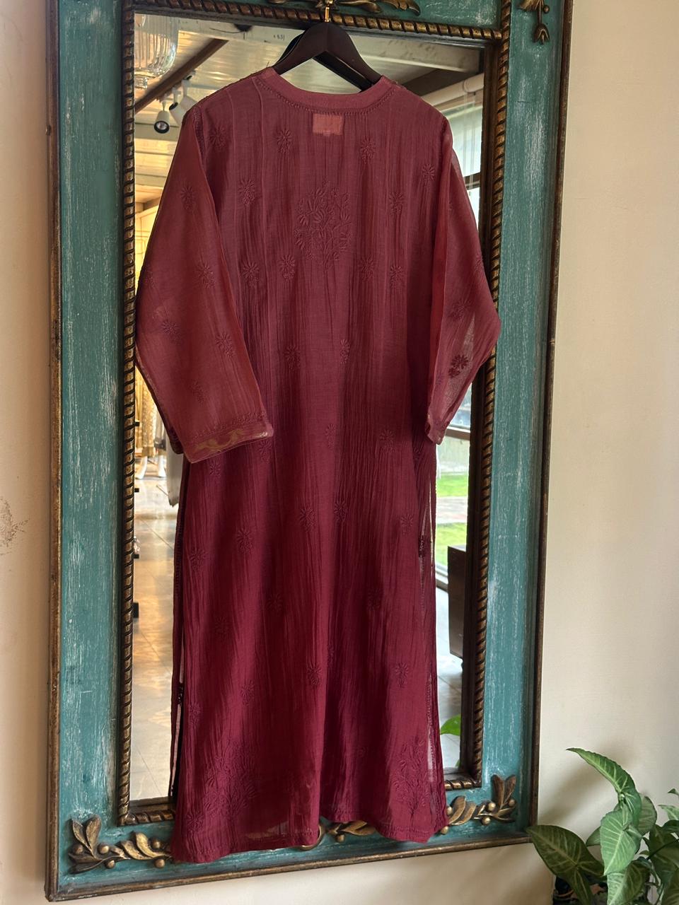 Maroon Zari Chanderi Chikankari A Line Kurta with Slip