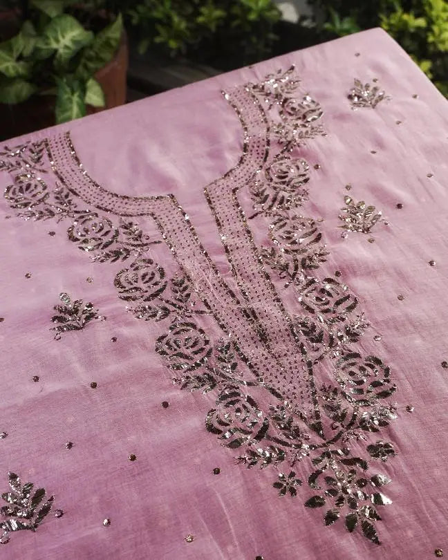 Pink Shade Chanderi Silk Mukaish Badla Unstitched Fabrics