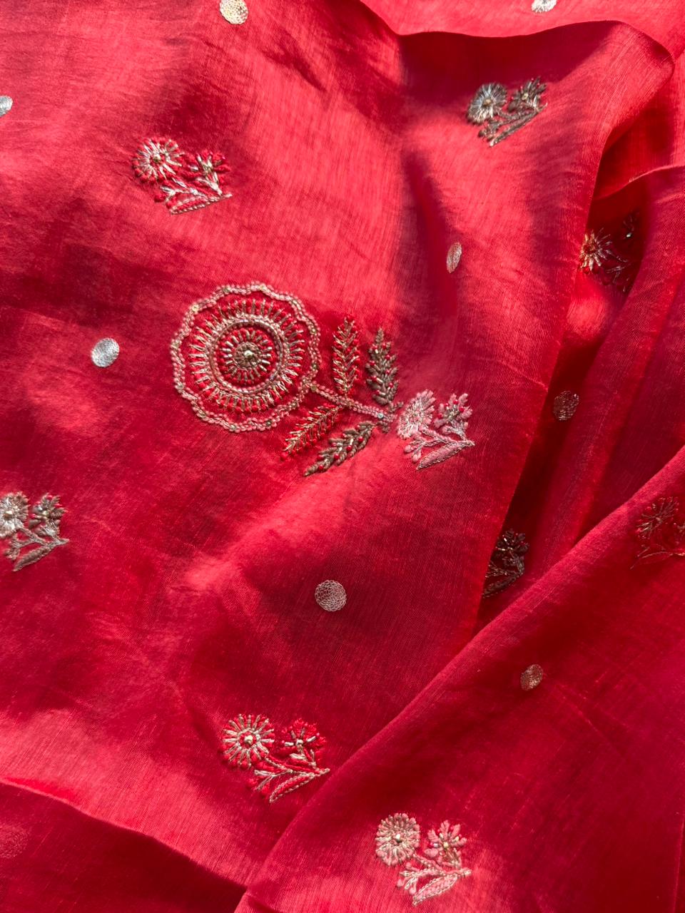 Brick Red Linen Silk Chikankari With Ari Work Unstitched Kurta Dupatta Set