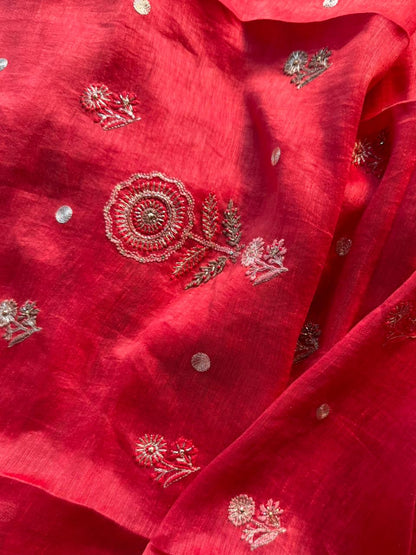 Brick Red Linen Silk Chikankari With Ari Work Unstitched Kurta Dupatta Set