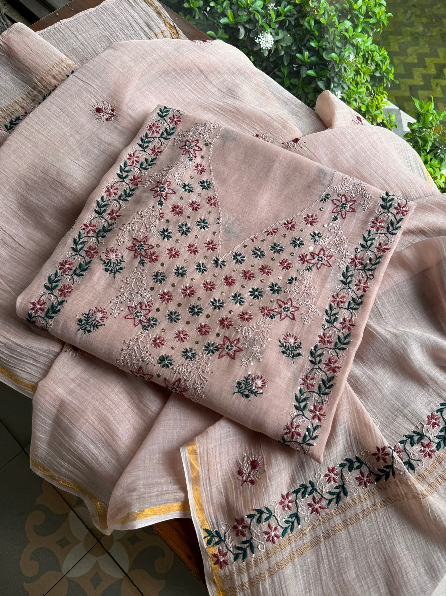 Beige Multi Mul Chanderi Silk Kalamkari Unstitched Kurta Dupatta Set