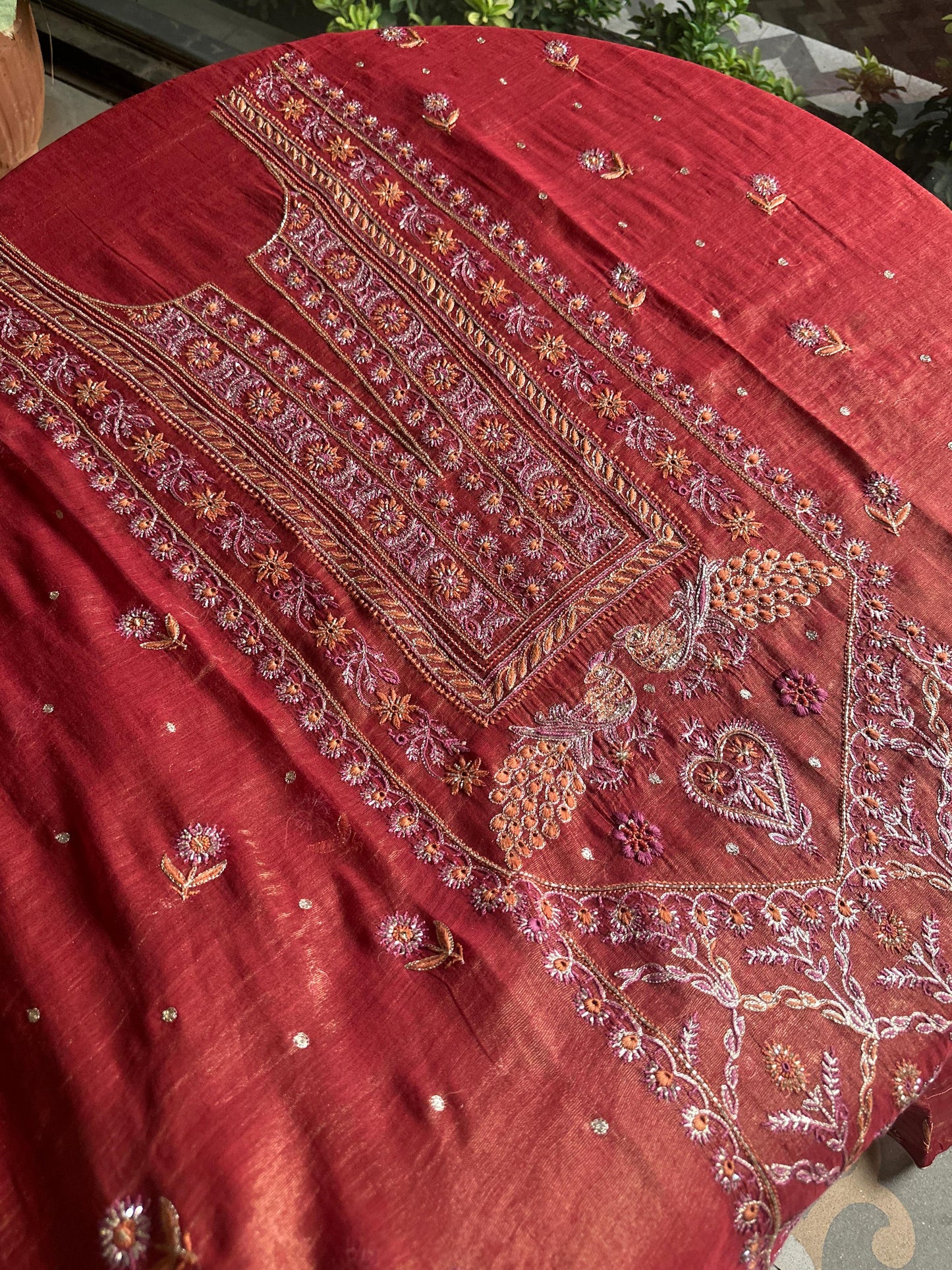 Red Tissue Silk Chikankari Unstitched Fabrics