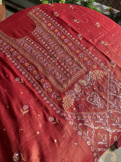 Red Tissue Silk Chikankari Unstitched Fabrics