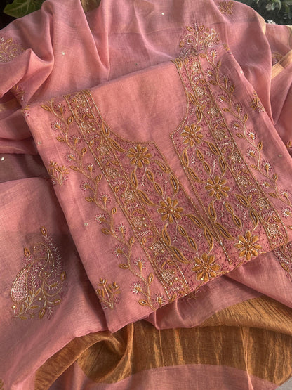 Rose Pink Shade Roheen Tissue Silk Chikankari Unstitched Fabric